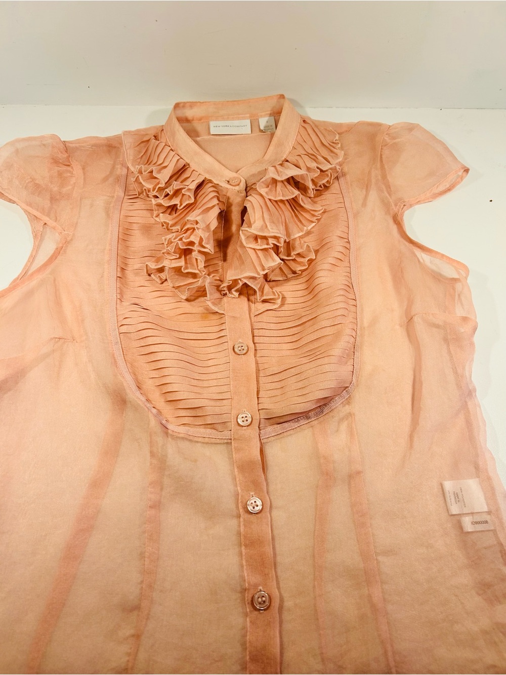 New York & Company S Blush Pink Chiffon Ruffle Front Button Up Sheer Blouse